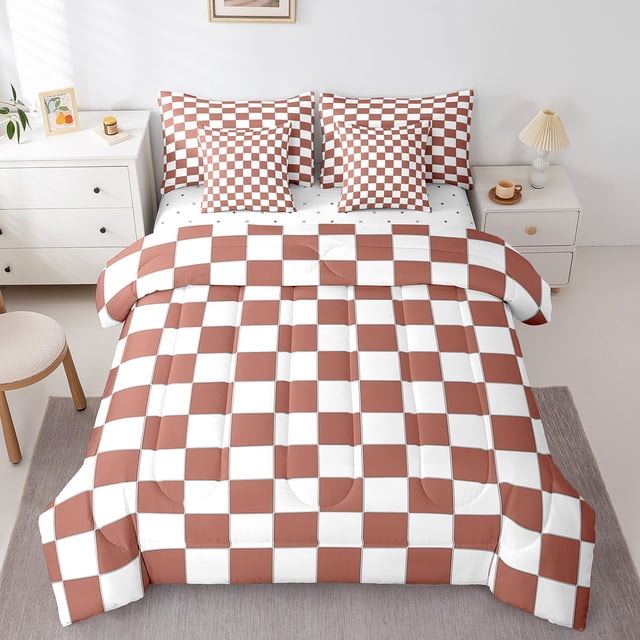 Erosebridal Checkered Queen Bed In A Bag 7 Piece White Light Caramel Checkerboard Bedding Set,Buffalo Plaid Grid Comforter Set With Sheets For Kids Teen Adults Aesthetic Geometric Gingham Bed Set
