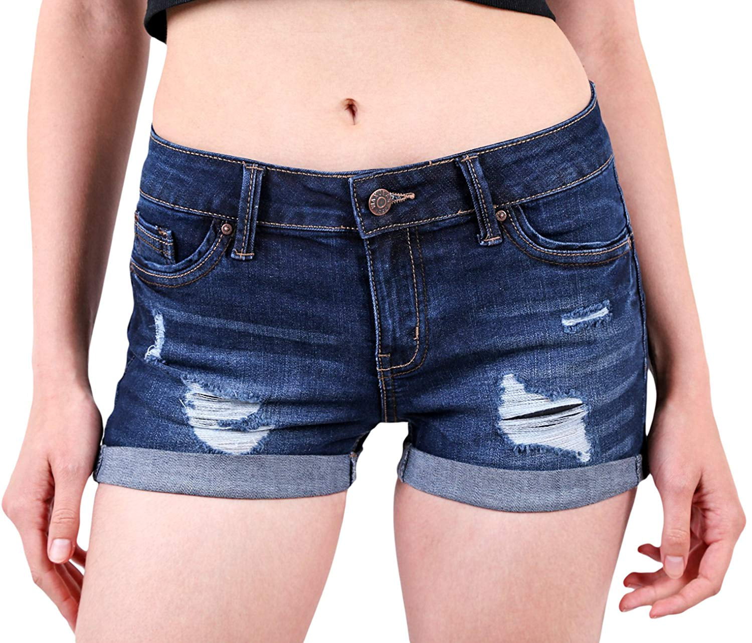 Wax Jeans Women's Mid-Rise Classic Summer Denim Shorts w Cuffed Hem 