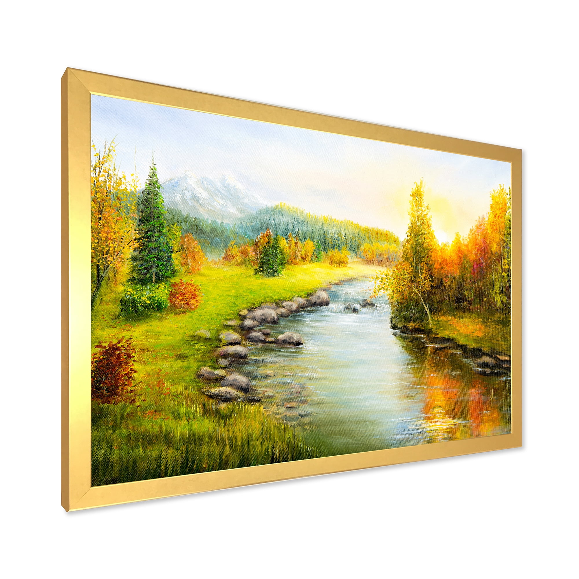 Designart 'Autumn Landscape With Forest River and Mountains' Lake House Framed Art Print