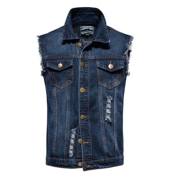 AIOPESON, chaleco vaquero con agujeros de algodón para hombre, chaleco informal de Color sólido para exteriores, chaleco ajustado para hombre, nuevos chalecos de calidad de otoño para hombre AIOPESON Chaleco vaquero de algodón y poliéster