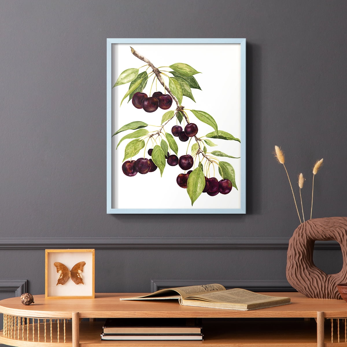 Watercolor Cherries Framed Print in Blue Solid Wood 8 x 10 Framed Print