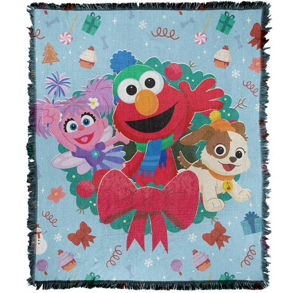 Sesame Street Furry Friends Forever Blanket, 50'x60' Elmo Abby Wreath Woven Tapestry Cotton Blend Fringed Throw Blanket