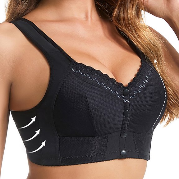 EliteGoogv Womens Bras Front Side Buckle Lace Seamless Bras For Older Women Wireless Thin Padded Gathering Plus Size Bras Everyday Full Coverage Bras Black 48
