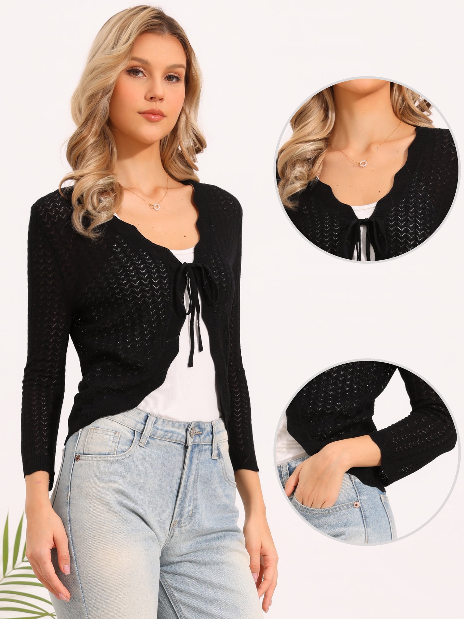 DARING DIVA Women's Crochet Bolero Shrug 3/4 Sleeve Cropped Cardigans Top S Black