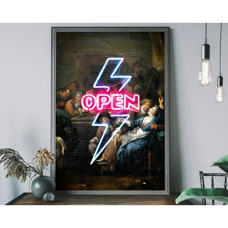 Open Sign Wall Art, Lightning Bolt Art Print, Altered Vintage Art, Retro Home Decor Wall Art, Modern Wall Decor, 8x12 UNFRAMED