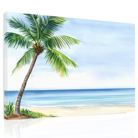 Ocean Beach Palm Tree Canvas Print Wall Art, Summer Tropical Island Decor Seaside Wall Decor Modern Artwork Paintings Pictures for Living Room Framed and Stretched Ready to Hang, 16" x 20"