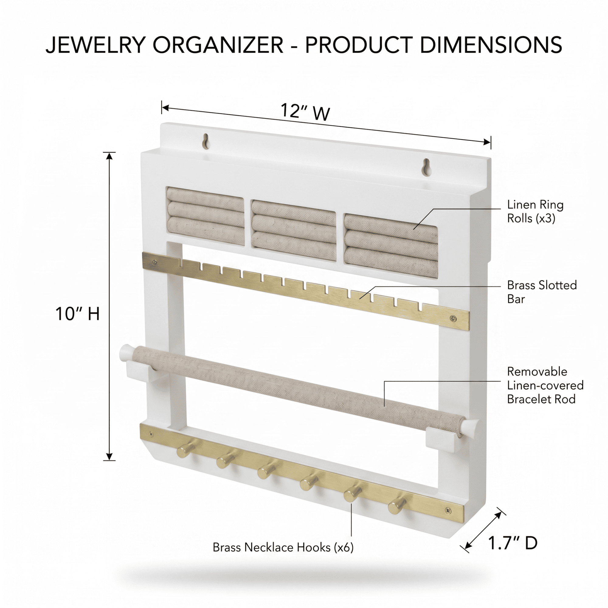 Hives and Honey May Wood Wall Hanging Jewelry Display Organizer - White, Gold and Linen