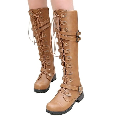 Women's Leather Flat Low Heel Knee High Leg Calf Boots Motorcycle Riding Shoe