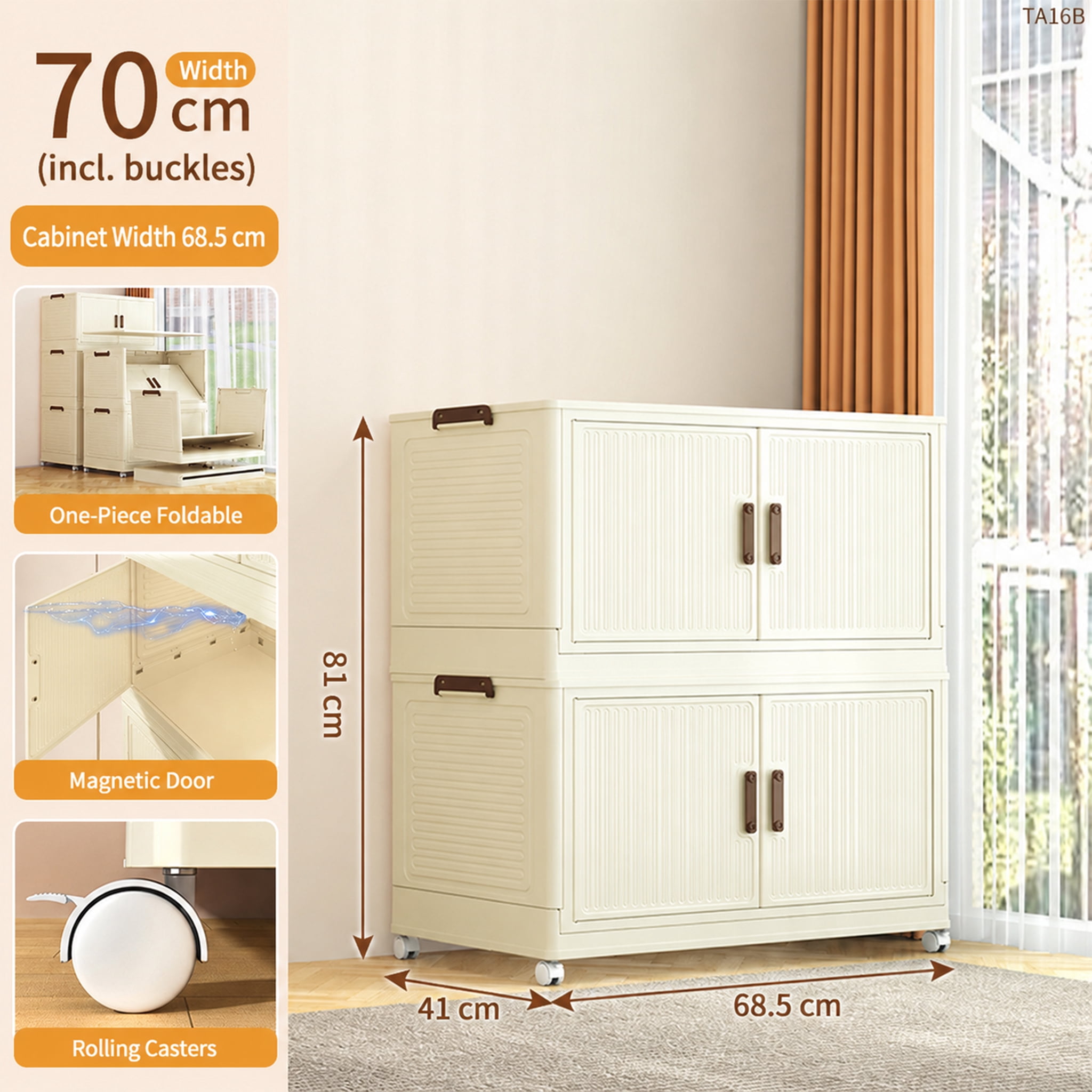 1 Tier Large Foldable Storage Cabinet with Wheels, Stackable Organizer Box for Kitchen Bathroom Bedroom Garage