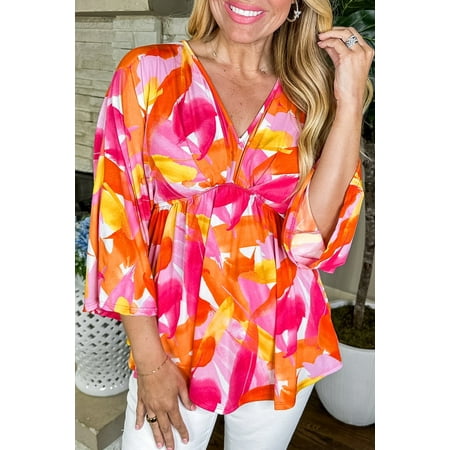 I AM A FASHION JUNKY Orange Abstract Print 3/4 Sleeve V Neck Ruffled Babydoll Blouse (Orange  XL  90%Polyester+10%Elastane)