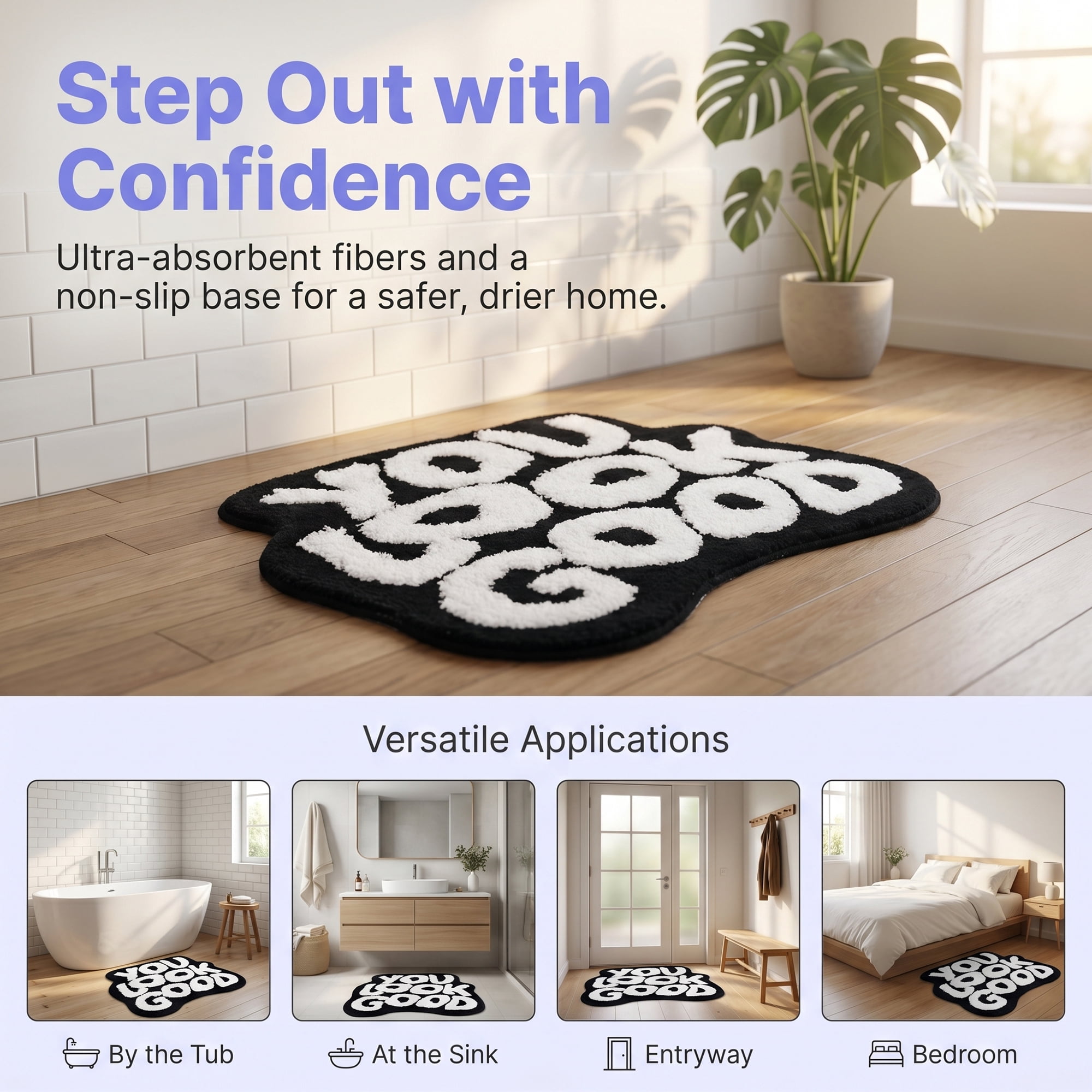 Unique Bargains Cat Aesthetic Irregular Shaped Absorbent Bath Mat Black 25" x 21"