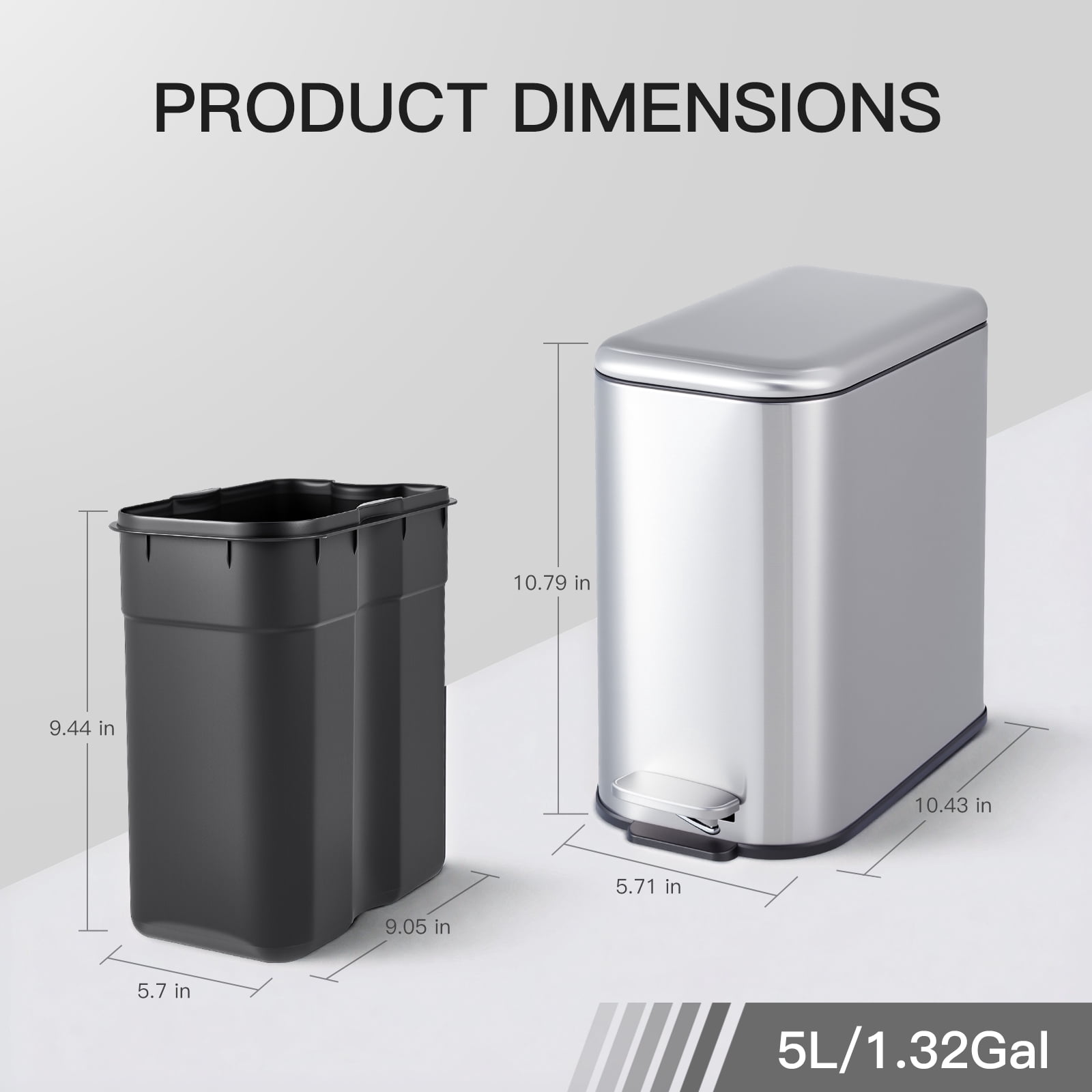 Bathroom Trash Can with Lid, 3.2 Gallon / 12 Liter Stainless Steel Garbage Can with Removable Liner Bucket, Small Step Wastebasket with Slim Design for Toilet Bedroom Office