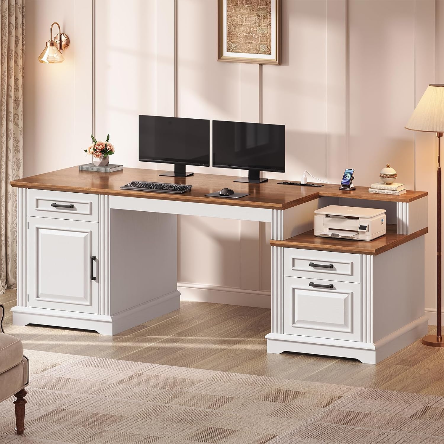 62'' Executive Desk with 3 Drawers and Storage Cabinet,Farmhouse Computer Desk for Home Office, Study Writing Table (White+Brown)