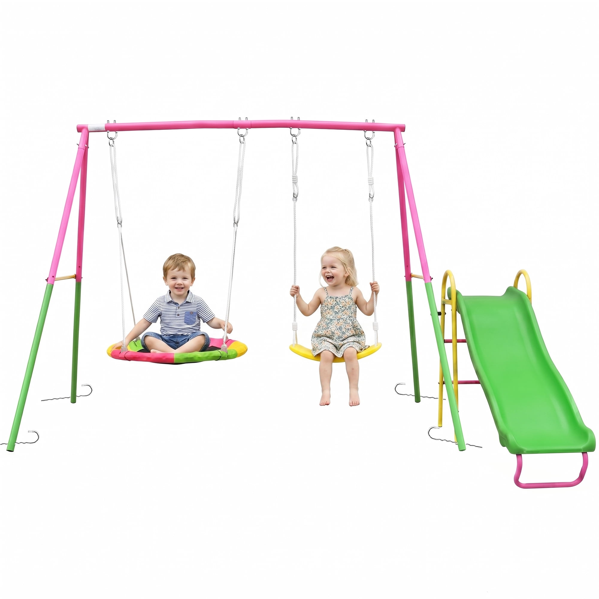 Swing Sets for Backyard with Kids Slide, Outdoor Heavy-Duty Metal Playset 3 in 1 Swing Set with Slide