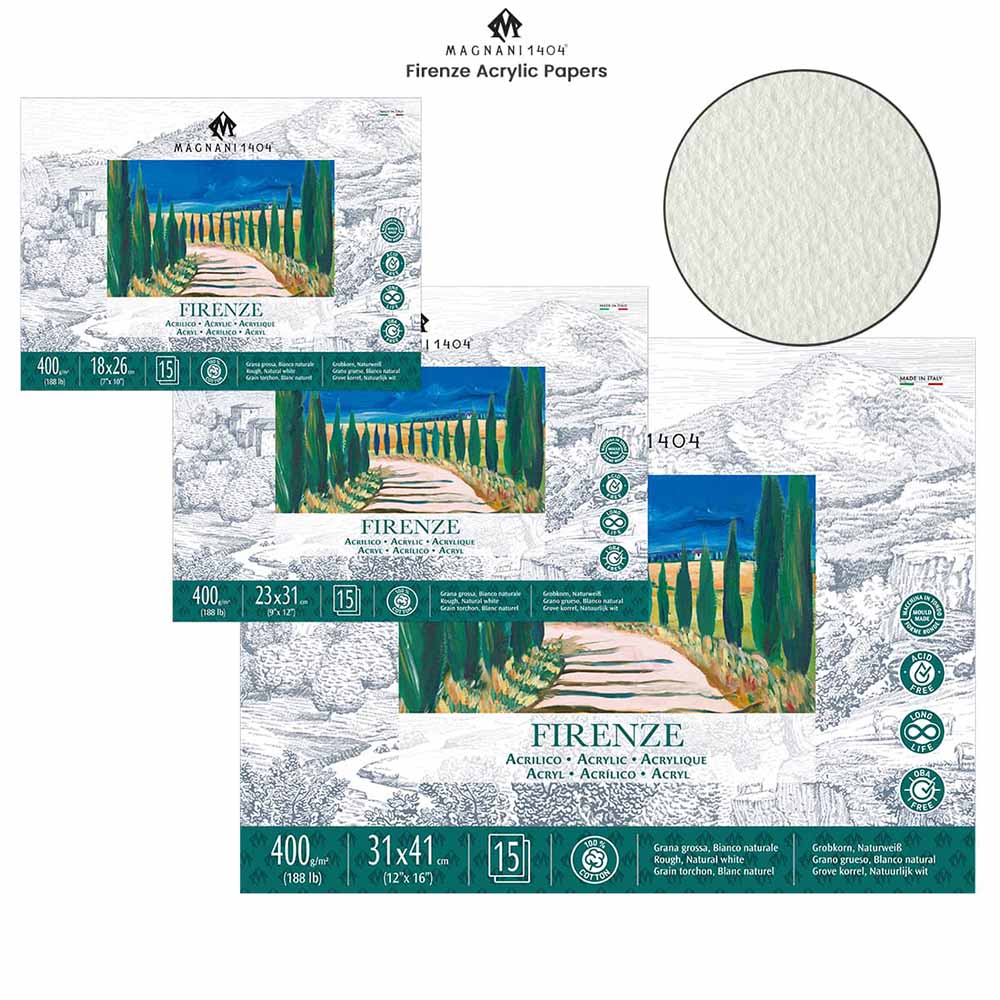 Magnani 1404 Firenze 100% Cotton Acrylic Paint Paper Pad, 188 lb. 15 Heavyweight Sheets, Rough Texture, Vegan Sizing, Natural White Acrylic Paper Pad for Acrylic, Gouache, Ink & Watercolor