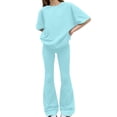thumbnail image 2 of UACY Girls' Clothing Set, Short Sleeve T-Shirt and Bell Bottom Pants 2-Piece Cute Spring Outfit, Sweatsuit School Uniform (Light Green, 11-12 Years), 2 of 4