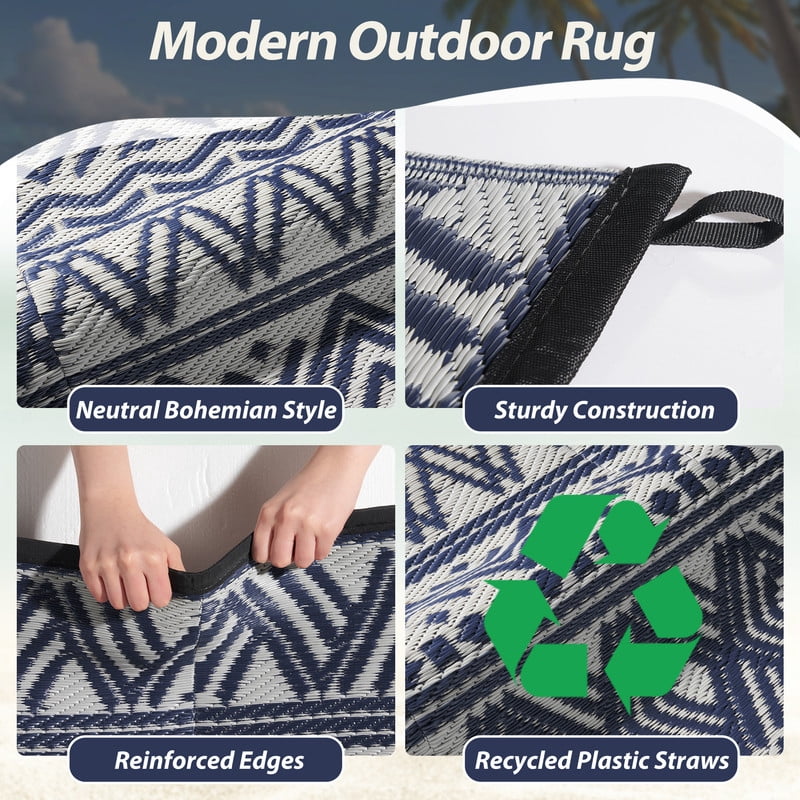 SIXHOME Outdoor Rug 9'x12' Waterproof Reversible Patio Rug Boho Geometric Indoor Outdoor Rugs Lightweight Plastic Straw Ourdoor Carpet for RV Camping Deck Balcony Modern Porch Decor Blue and Gray