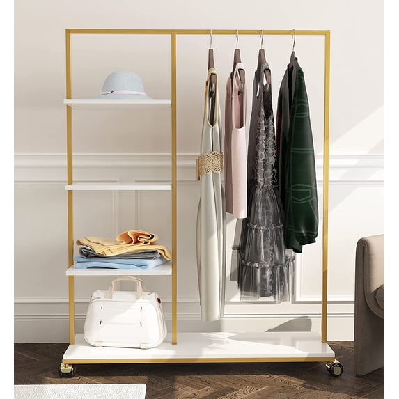 EastVita Modern Garment Rack on Wheels Gold Clothing Rack with 4- Tier Shelves Clothes Display Racks for Bedroom, Boutique, Cloth Store Metal Pipe Hanging Rack