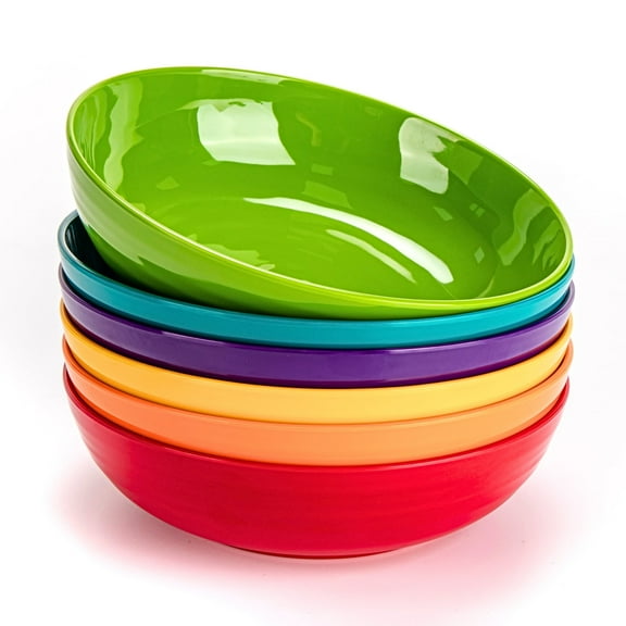 MIYOPESI 8-Inch Melamine Salad & Pasta Bowls - Set of 6, Unbreakable & Reusable with Ceramic Feel, Stackable & Dishwasher-Safe Platic Dinner Bowls, Versatile for All Meals (Multi-color)