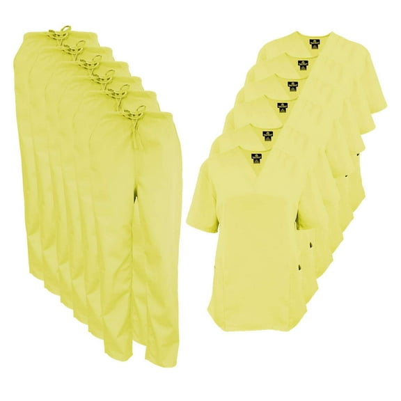 M&M SCRUBS Women Scrub Set V-Neck Medical Scrub Tops and Drawstring Pants - Pack of 6 Set (Yellow, 5X-Large)