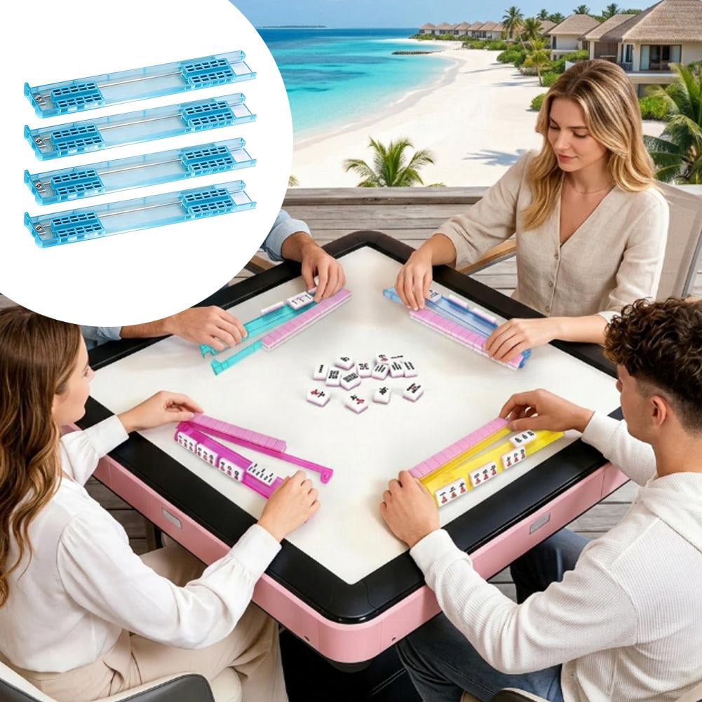 18-Inch Acrylic Mahjong Racks with Pusher Arms, Robust 4-in-1 American Mahjong Accessory Set, Resilient & Shatter-Resistant Tile Holders in Blue / Clear, 4-Pack