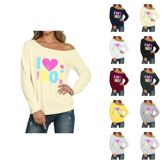 I Love The 80s Sweatshirts for Women Long Sleeve Off The Shoulder Vintage 80s Sweatshirt Pullover Tops