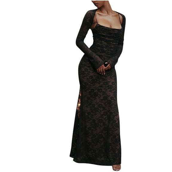 Uaswgudfs ​Sleeveless Summer Dresses for Women 2025: Square Neck Fitted Maxi with Lace Detail & Side Split - Elegant Yet Casual Sundress for Evening Glamour Black L