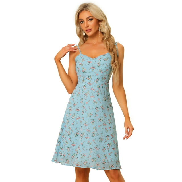 Vestido Aline con tirantes finos de verano para mujer Vestido de tirantes floral fruncido Azul Claro S