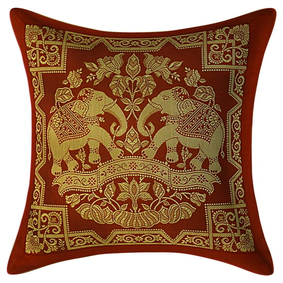 Stylo Culture Indian Decorative Brocade Burgundy Maroon And Gold Throw Pillow Covers 12x12 Jacquard Weave Banarasi Pillow Case Covers Elephant Floral 30x30 cm Cushion Covers (1 Pc)
