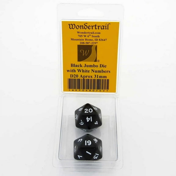 Black Jumbo Dice with White Numbers D20 31mm Pack of 2 Wondertrail
