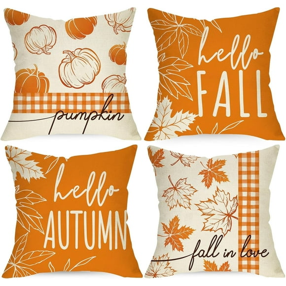 Hello Fall Pumpkin Maple Leaves Decorative Throw Pillow Covers 16 x 16 Set of 4, Autumn Harvest Orange Buffalo Plaid Check Cushion Case Decor, Thanksgiving Farmhouse Home Sofa Couch Decoration