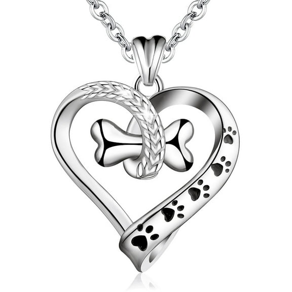 EUDORA 925 Sterling Silver Necklace Cute Dog Paws with Bone, Heart Shape Pendant Jewelry with 18" Chain, Gift for Pet Dog Mom