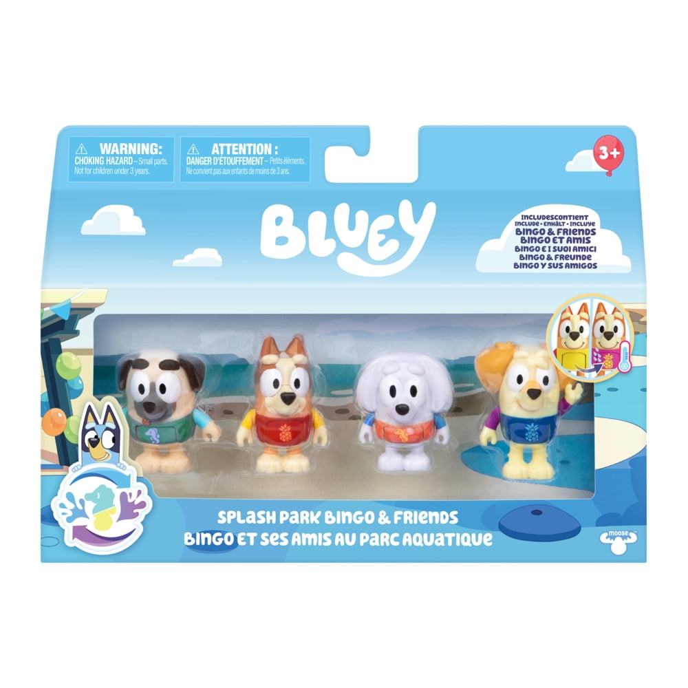Pack de 4 figurines Bluey changeant de couleur – Exclusivité Walmart – Water Park Bingo & Friends Figurine Bluey changeant de couleur, lot de 4, parc aquatique, bingo et amis, exclusivité