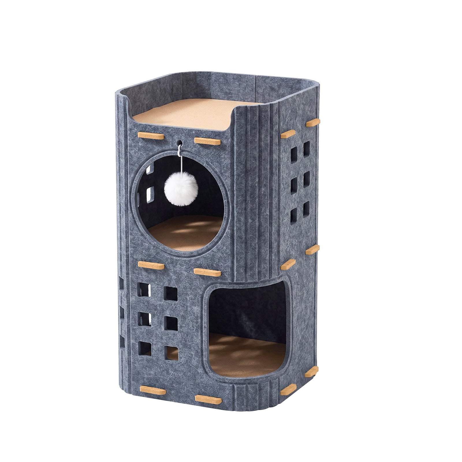 Felt Cat House for Cats, Kittens, Covered Tunnel & Condo with Dual Door Holes, Hanging Fur Ball, Warm & Scratch-Resistant, Cozy Cave for Indoor Outdoor Use, 35*35*60cm