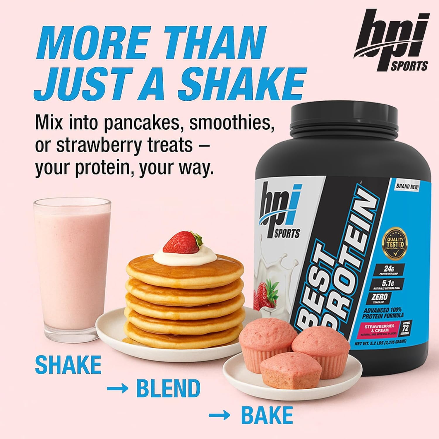 BPI Sports Best Protein Powder, 100% Whey Blend for Muscle Growth & Recovery, Strawberries & Cream, 5.2 lbs (72 Servings)