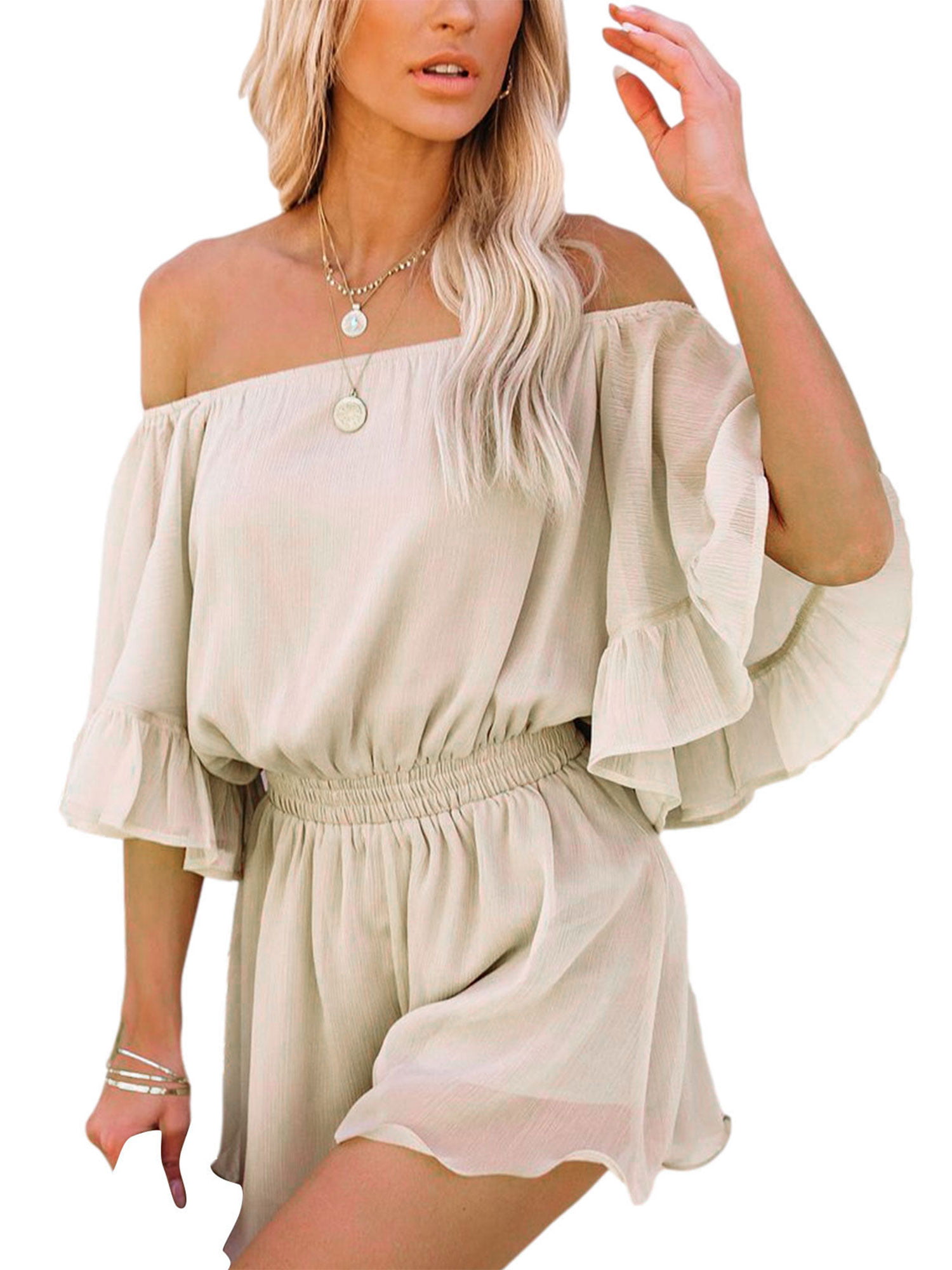 Women Ruffle Short Sleeve Cold Shoulder Jumpsuit Casual Summer Playsuits Rompers 
