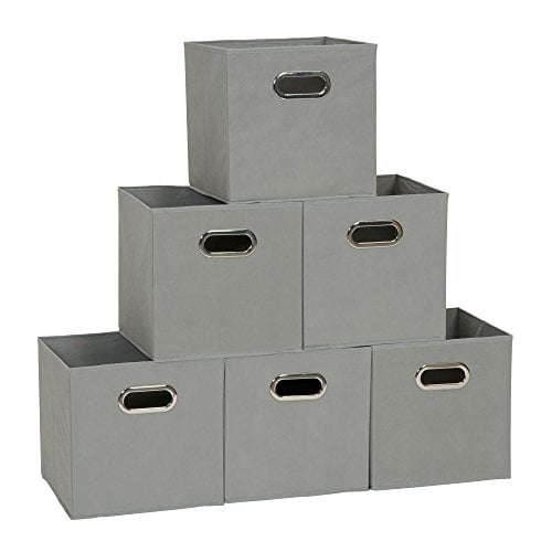 Large Grey Foldable Storage Folding Box Fabric Cube Oval Handle 4 Piece Set 