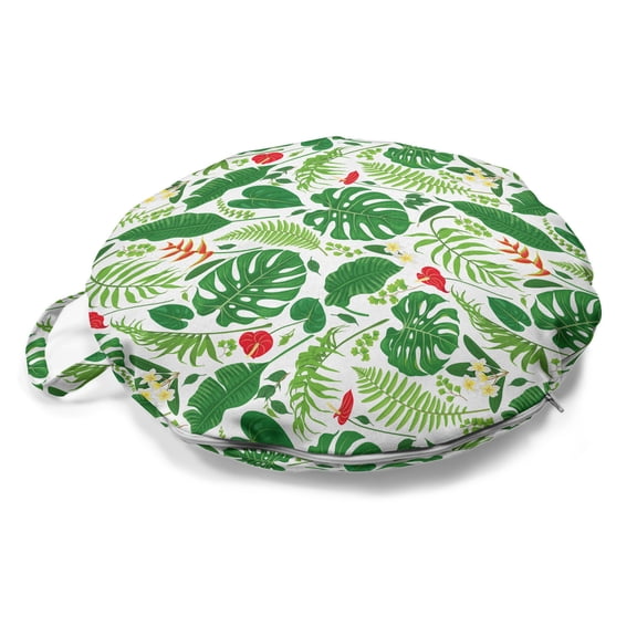 Botanical Round Floor Cushion with Handle, Tropical Anthurium Monstera Leaves Plant Plumeria, Decorative Pillow for Living Room & Dorms, 18" Round, Green Lime Green, by Ambesonne