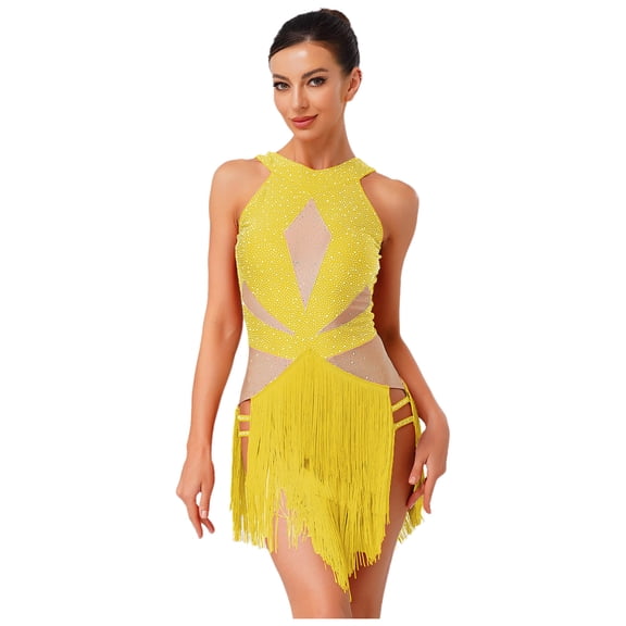 Sholeno Womens Ballroom Latin Salsa Dance Dress Halter Neck Sleeveless Backless Fringe Bodysuit Gold M