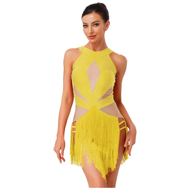 TTAO Justaucorps de Danse Jazz Latin Brillant à Franges pour Femmes Rumba Samba Salsa Robe de Danse de Salon Or m