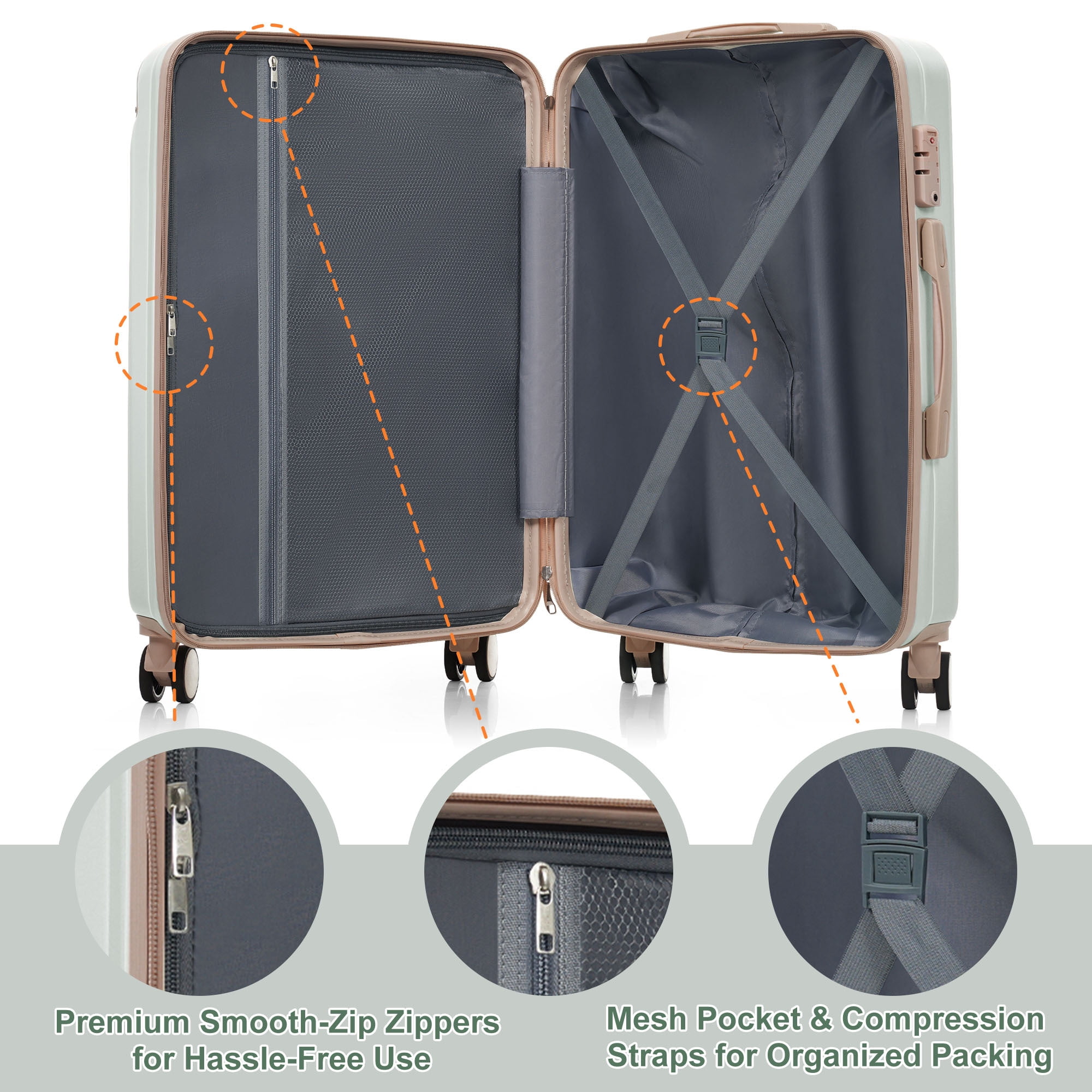 Euroco 3 Piece Luggage Sets, Lightweight Durable Hardshell Suitcase set with 360° Spinner Wheels,TSA Lock & Side Hooks,Large Checked Travel Suitcase for Family,Grey Green