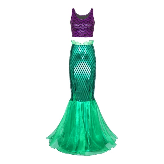 Yeahdor Womens Halloween Mermaid Fancy Dress Costume Cropped Tank Top with Cascading Ruffle Long Skirt Purple&Green M