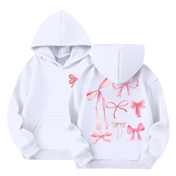 KyCheLot Girls Casual Hoodies Cute Bow Print Trendy Long Sleeve with Front Pocket Warm Loose Sweatshirts 2-14 Years