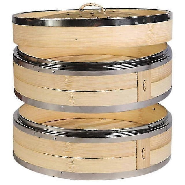 2 Tier Kitchen Bamboo Steamer with Double Stainless Steel Banding suitable for Asian Cooking Buns Dumplings