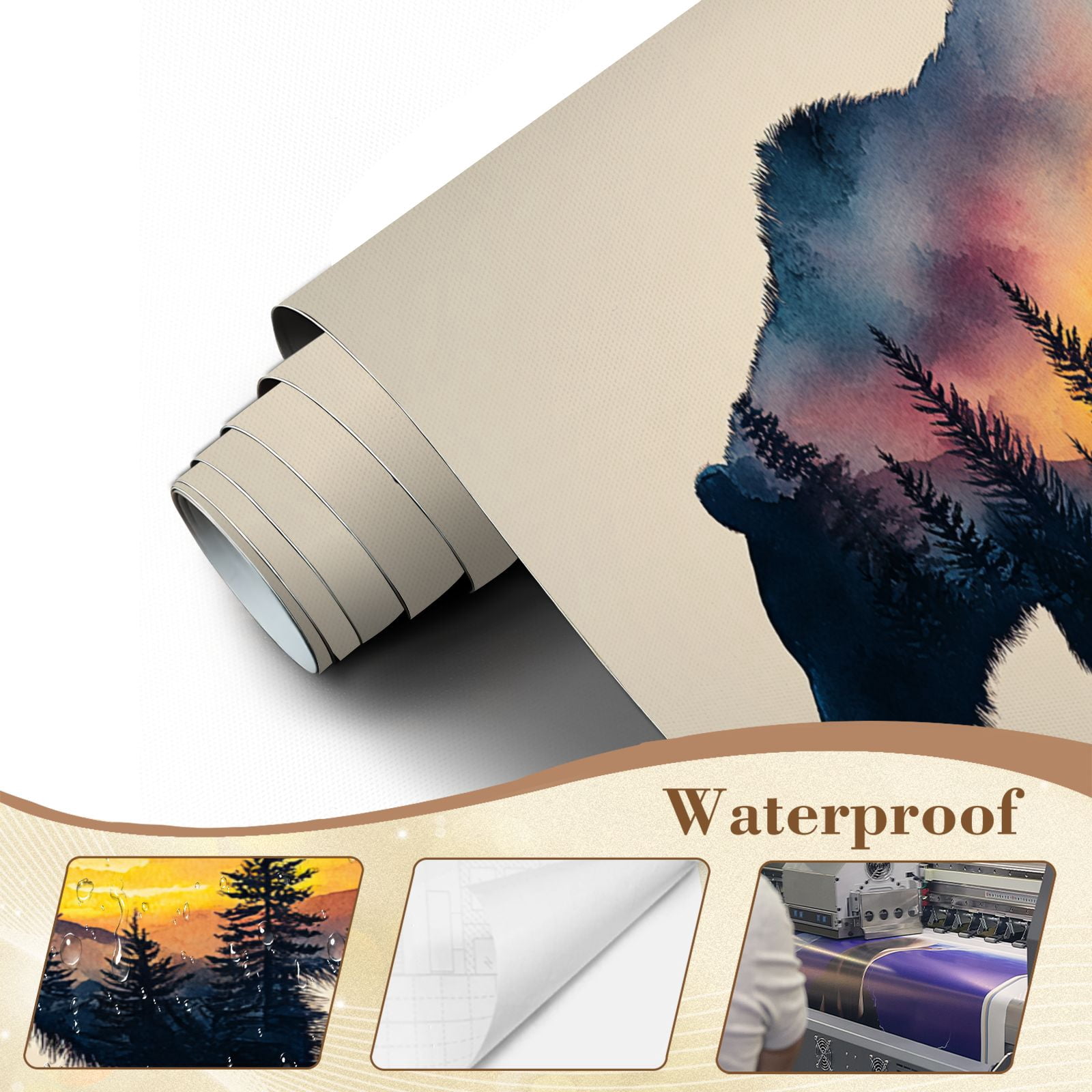 Wallpaper Animal Forest Scene Bear Trees Sunset Silhouette Peel and Stick Wall Murals 100"H x 144"W Removable PVC Wall Paper Self-Adhesive Wall Paintings Art Decor for Bedroom Living Room