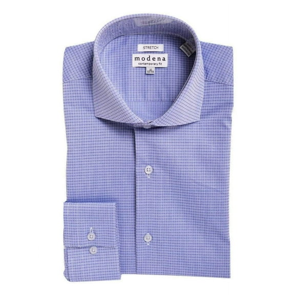 Mens Slim Fit Blue Check Cutaway Collar Cotton Blend Stretch Dress Shirt