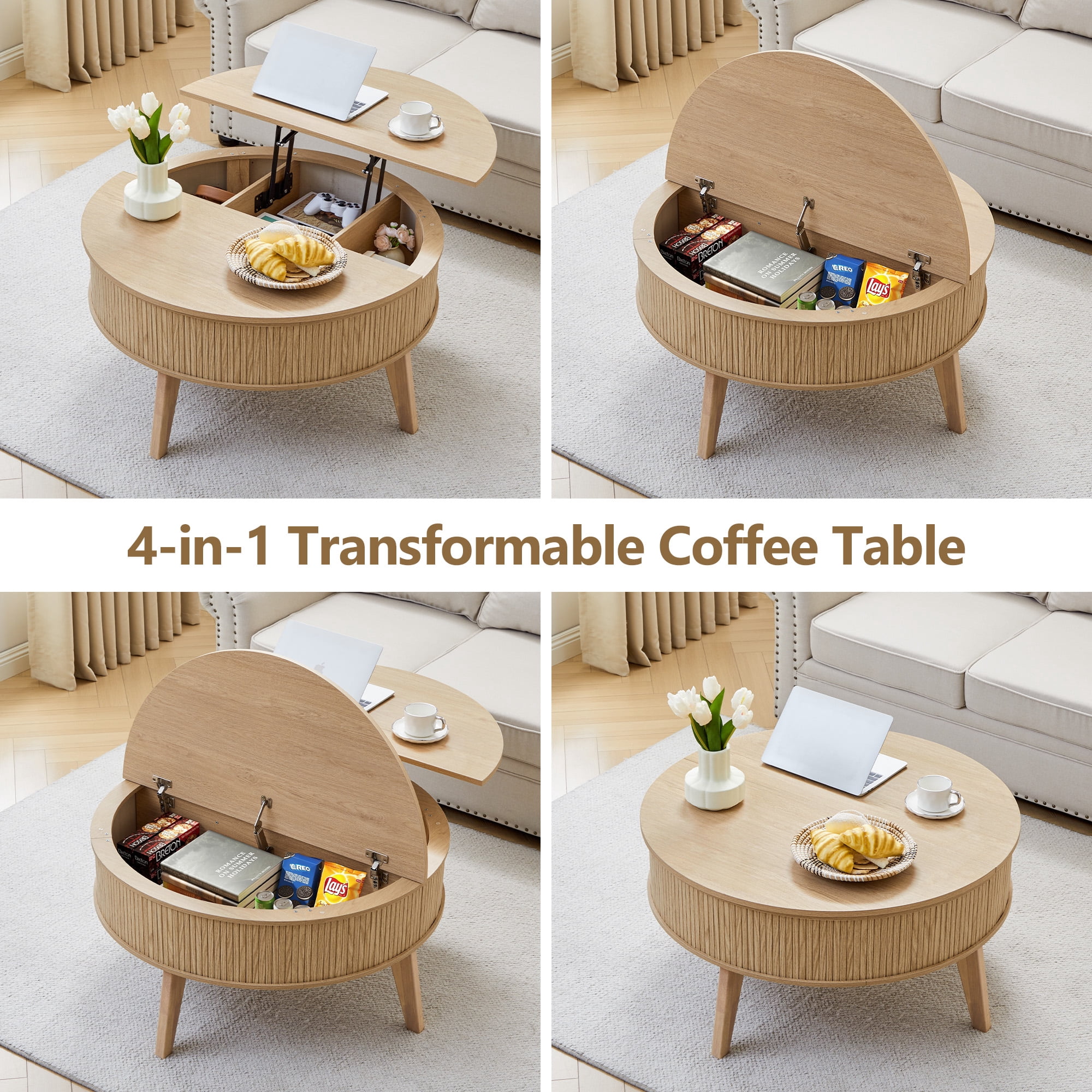 PHOYAL 4 in 1 Fluted Round Coffee Table with Flip Top and Lift Top, Round Coffee Table with Hidden Compartments Storage for Living Room, Natural
