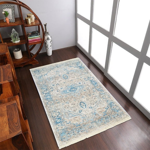 Rugsotic Carpets Machine Woven Crossweave Area Rugs - 6'X9', Rectangle,Gray Blue,Classic Oriental Traditional , Low Pile Machine Made Area Rugs For Living Room, Bed Room (M00072)