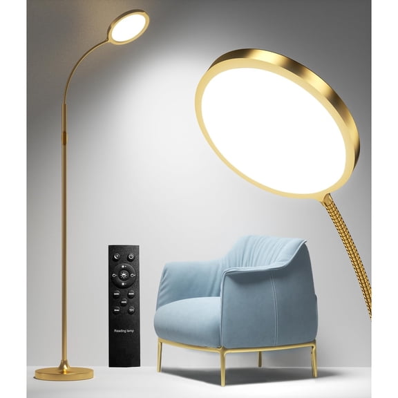 Gold Floor Lamp,Super Bright Dimmable LED Floor Lamps for Living Room, Custom Color Temperature Standing Lamp with Remote Push Button, Adjustable Gooseneck Reading Floor Lamp for Bedroom Office