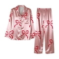 thumbnail image 6 of FEIJIBA Womens Pajama Sets Women Bow Pajamas Satin Set 2 Piece Button Down Shirts Wide Leg Pants Cute Ladies Loungewear Sets Valentine's Day, 6 of 6